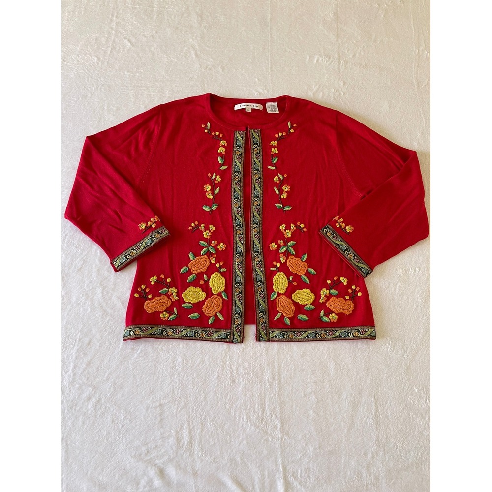 Vintage Ballinger Gold Cardigan Womens L Red Floral Embroidered Boho 90s Jacket - Picture 3 of 15